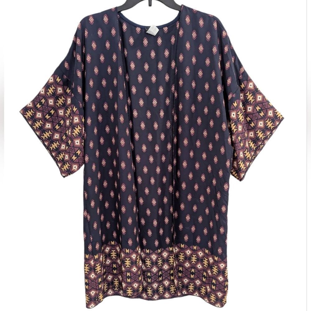 I Joah Navy Blue multi southwestern diamond sheer open front kimono womens M